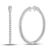 14kt White Gold Womens Round Diamond Slender Single Row Hoop Earrings 1-1/2 Cttw